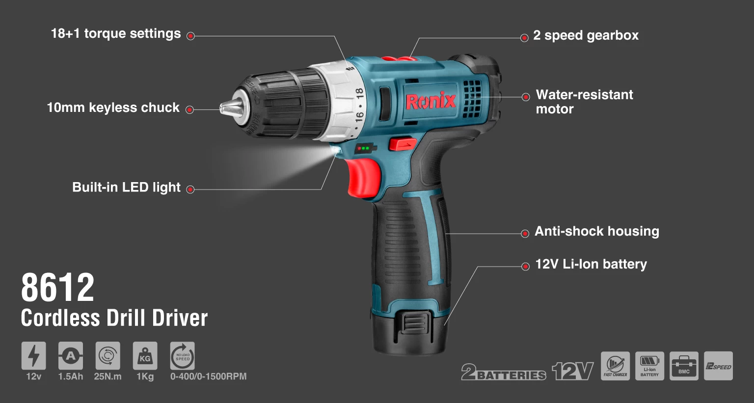 دریل پیچ‌ گوشتی شارژی دو سرعته 12 ولت رونیکس مدل 8612