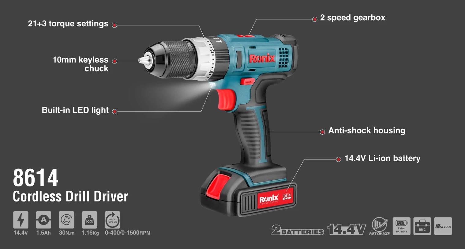 دریل پیچ‌ گوشتی چکشی شارژی دو سرعته 14 ولت رونیکس مدل 8614