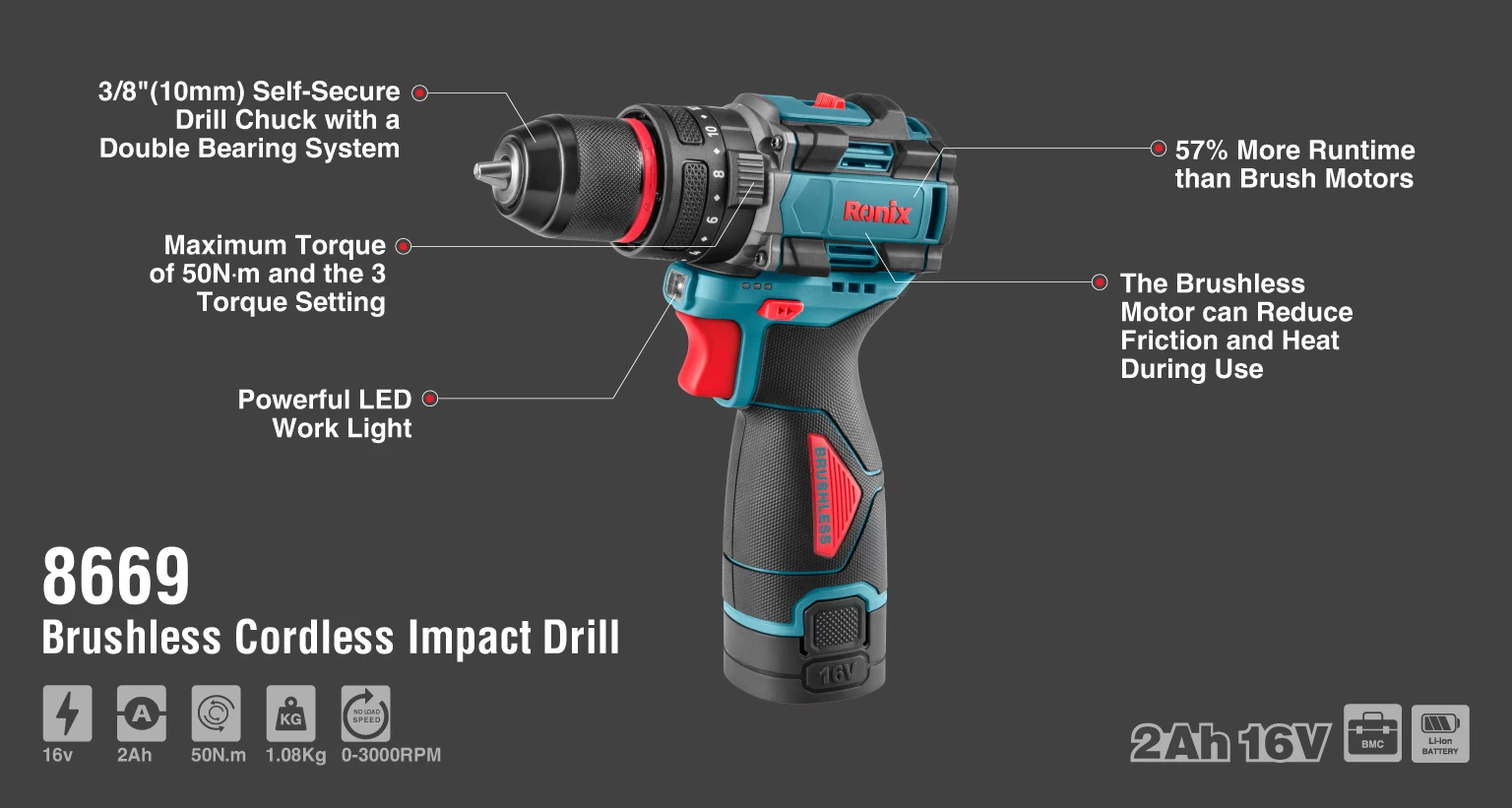 دریل شارژی براش‌لس 16 ولت 50 نیوتن‌ متر رونیکس مدل 8669