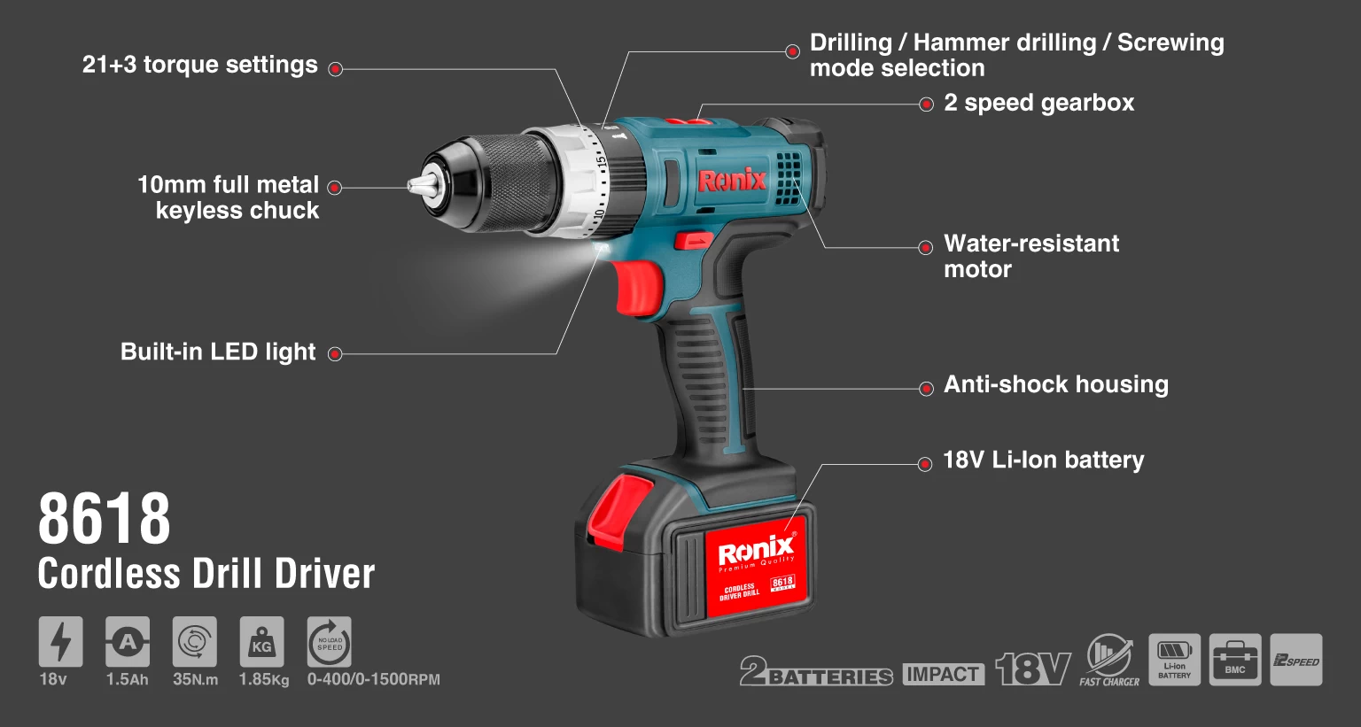 دریل پیچ گوشتی شارژی رونیکس مدل 8618