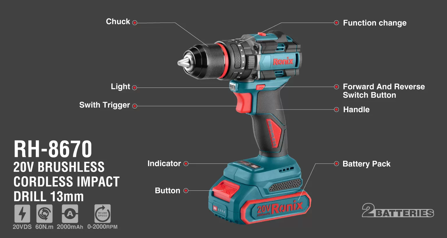 دریل شارژی براش لس چکشی 13 میلی متری رونیکس مدل 8670
