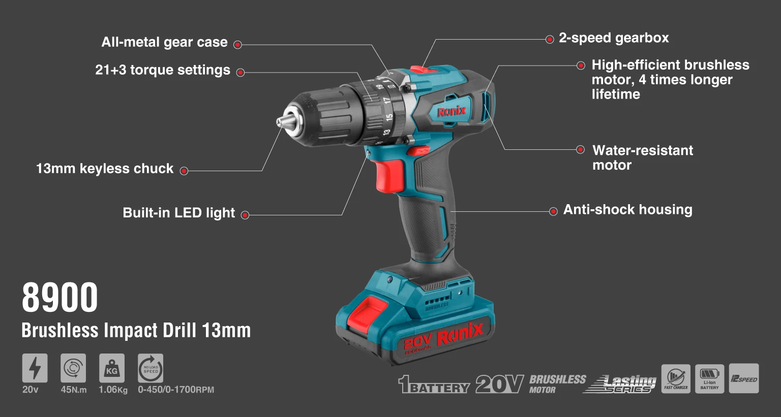 دریل پیچ گوشتی چکشی شارژی براشلس 20 ولت رونیکس مدل 8900