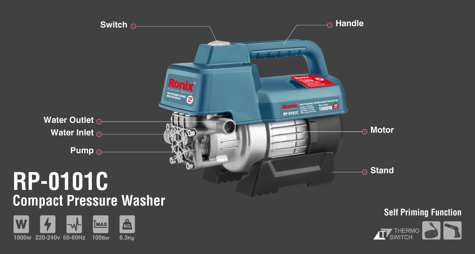 کارواش دینامی کامپکت با قابلیت مکش 100بار 1000 وات رونیکس مدل RP-0101C