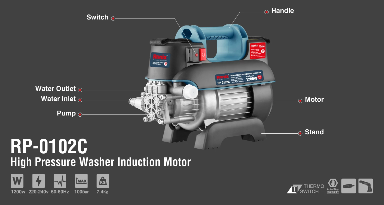 کارواش 100بار دینامی کامپکت 1200 وات رونیکس مدل RP-0102C