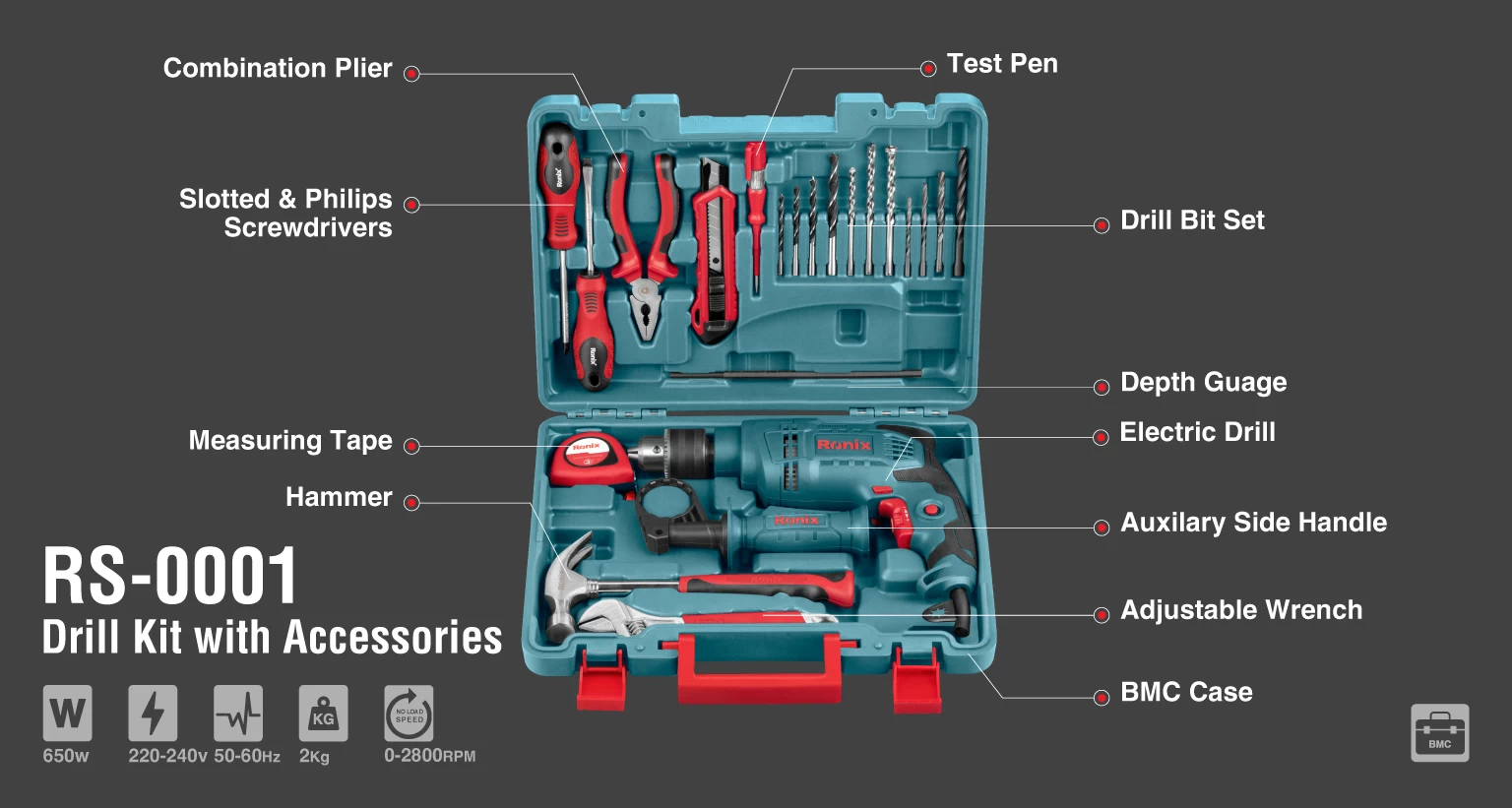 کیت دریل برقی چکشی 13 میلی متری رونیکس مدل RS-0001