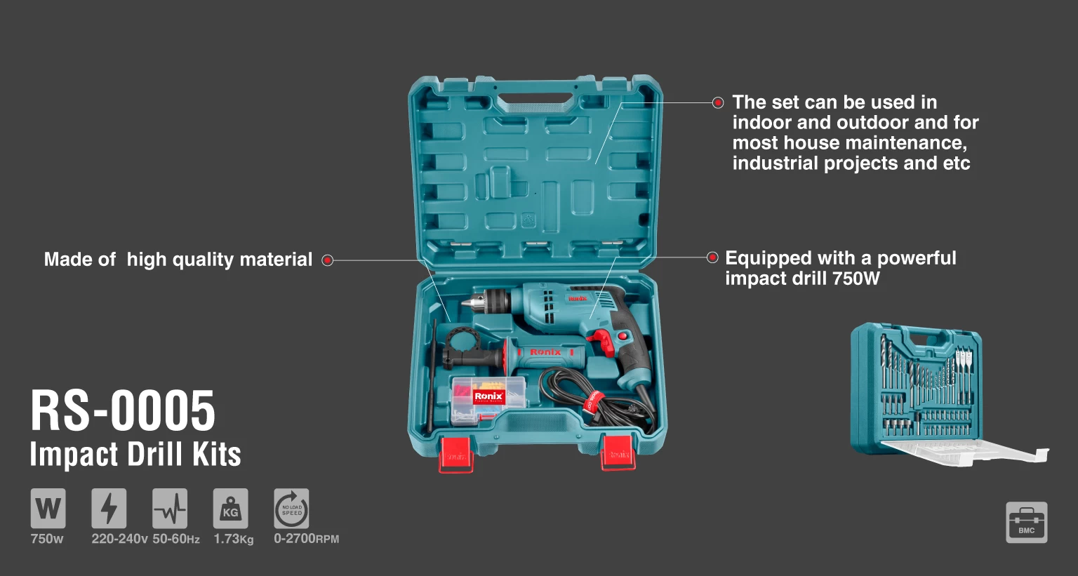 ست ترکیبی دریل برقی 54 پارچه رونیکس مدل RS-0005