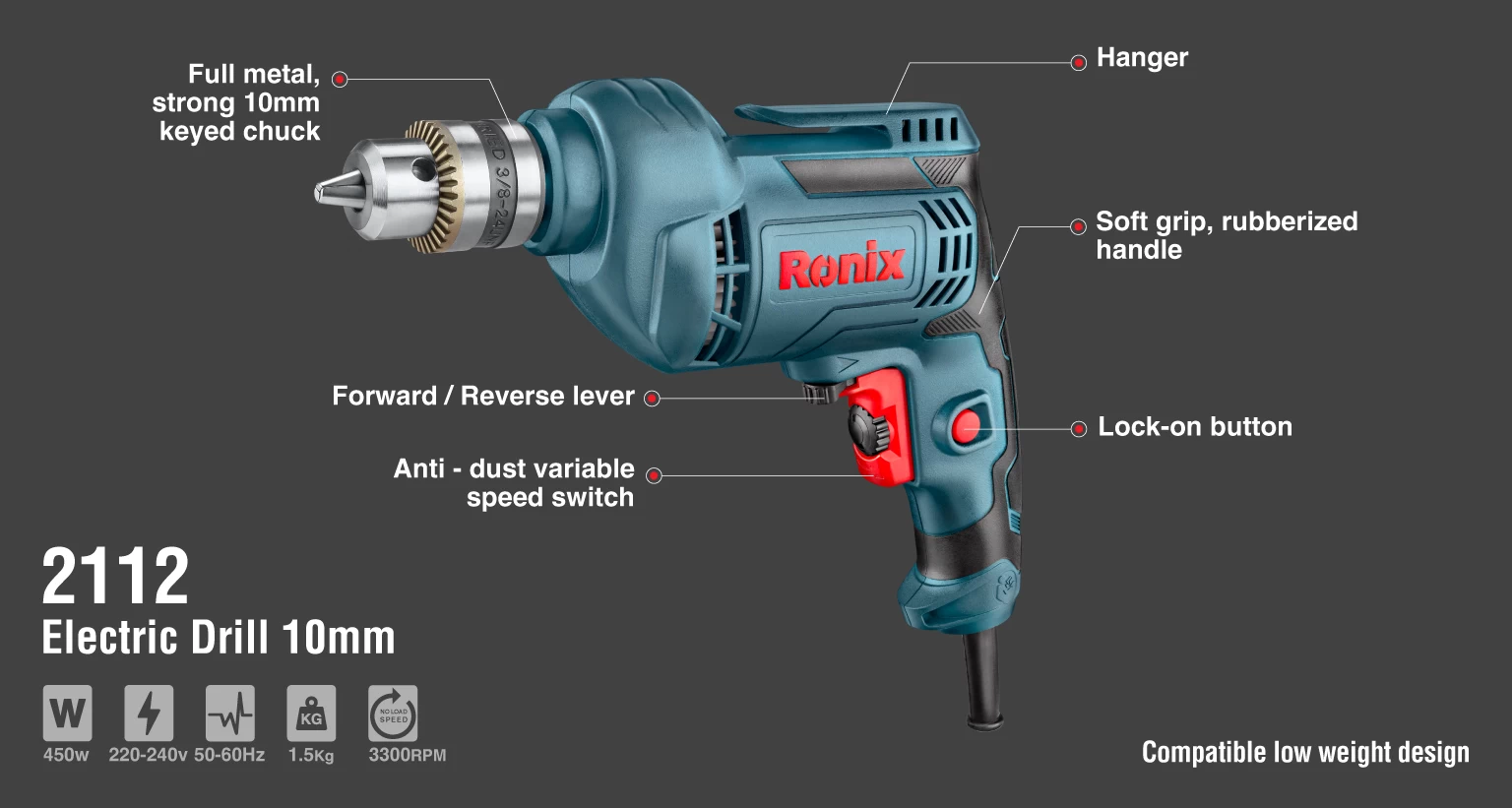 دریل برقی 10 میلی متری 450 وات رونیکس مدل 2112