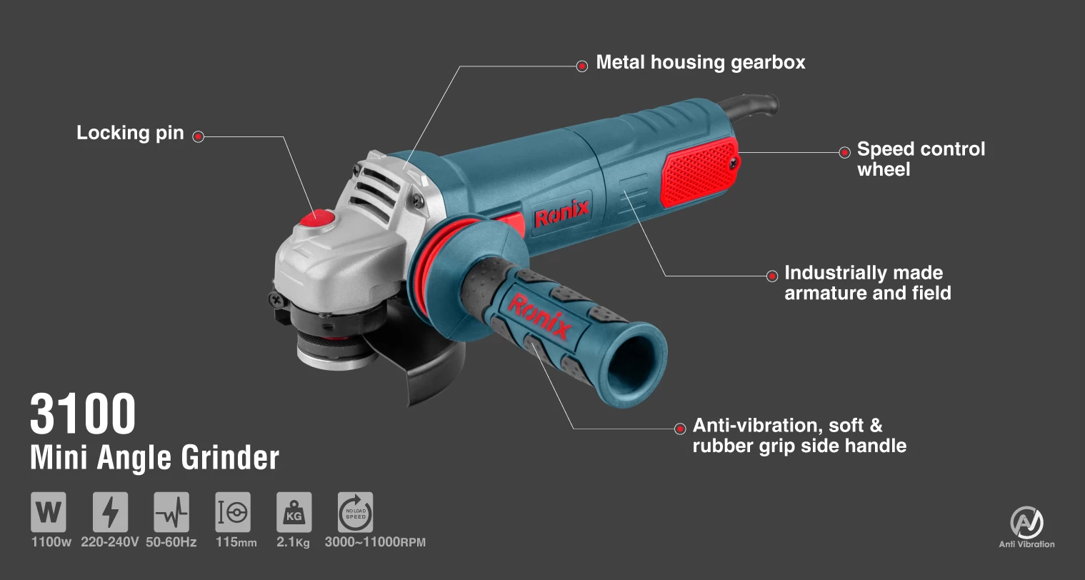 مینی فرز برقی 115 میلی متری 1100 وات دیمردار رونیکس مدل 3100