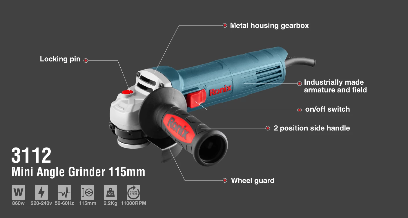 مینی فرز برقی 115 میلی‌متری 860 وات رونیکس مدل 3112